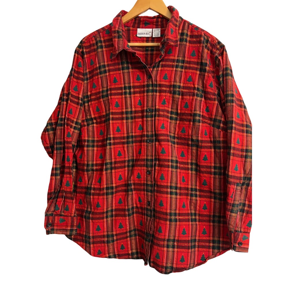 Fashion Bug Button Down Shirt 22/24W Red Christmas Plaid Holiday Embroidered